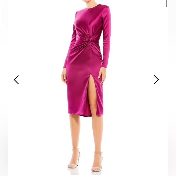 Mac Duggal 26675 Magenta Pink Satin Long Sleeve Formal Midi Dress - Reemoly - Picture 1 of 17